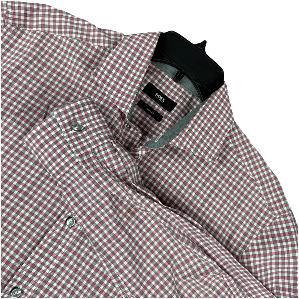 Hugo Boss Shirt Mens Slim Fit Red White Gingham Check Long Sleeve Medium